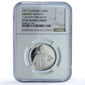 Dahomey Benin 200 francs Independence 1 AR Femme Abomey PF 69 NGC Ag coin 1971