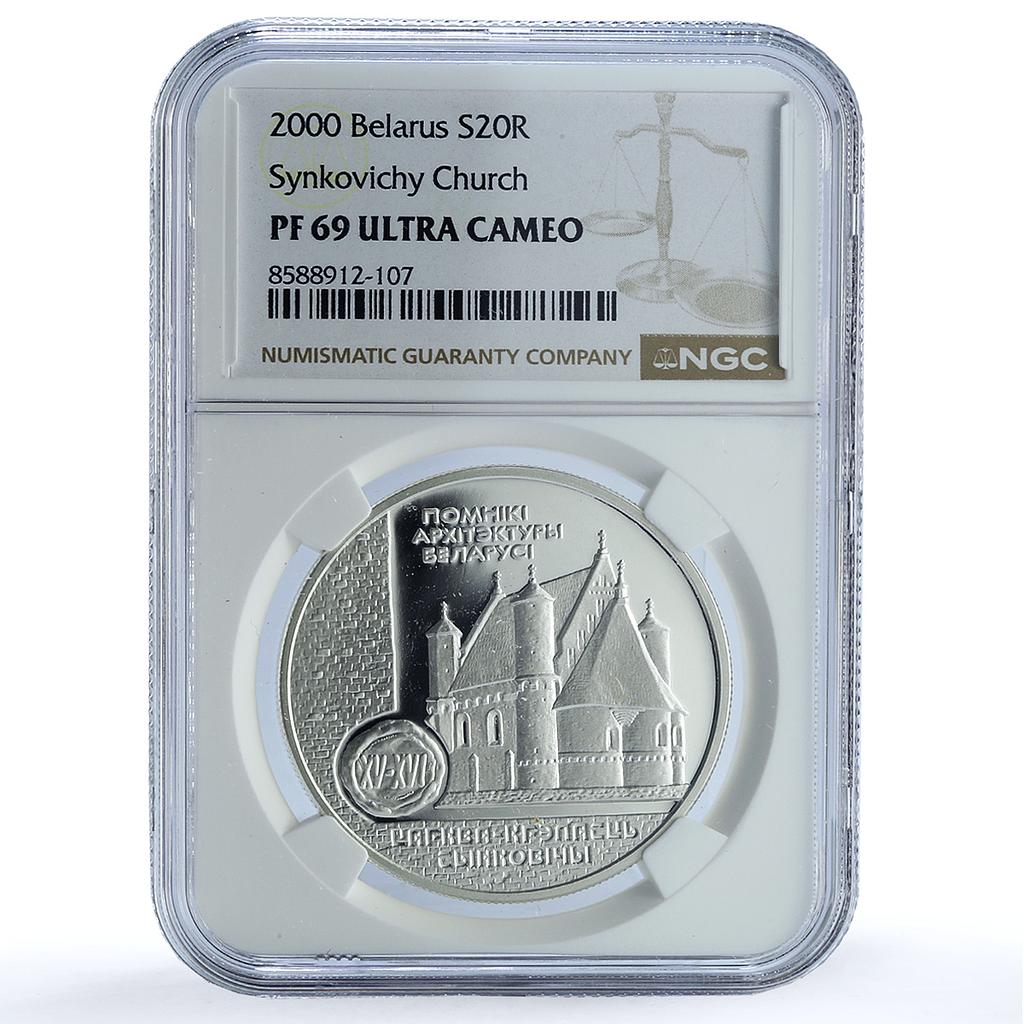 Belarus 20 roubles Synkovichy Fortress KM-68 Church PF 69 NGC silver coin 2000 Belarus 20 roubles Synkovichy Fortress KM-68 Church PF 69 NGC silver coin 2000