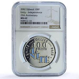 Djibouti 100 francs Independence KM-38 Unite MS 62 NGC CuNi coin 2002