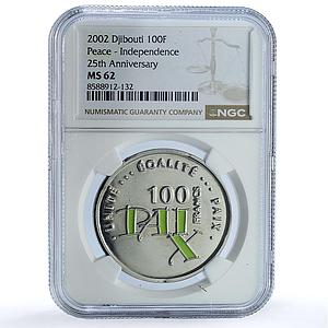 Djibouti 100 francs Independence KM-40 Paix MS 62 NGC CuNi coin 2002
