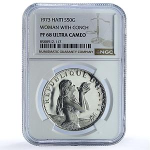 Haiti 50 gourdes Woman with Shell Mark Left KM-104.1 PF 68 NGC silver coin 1973