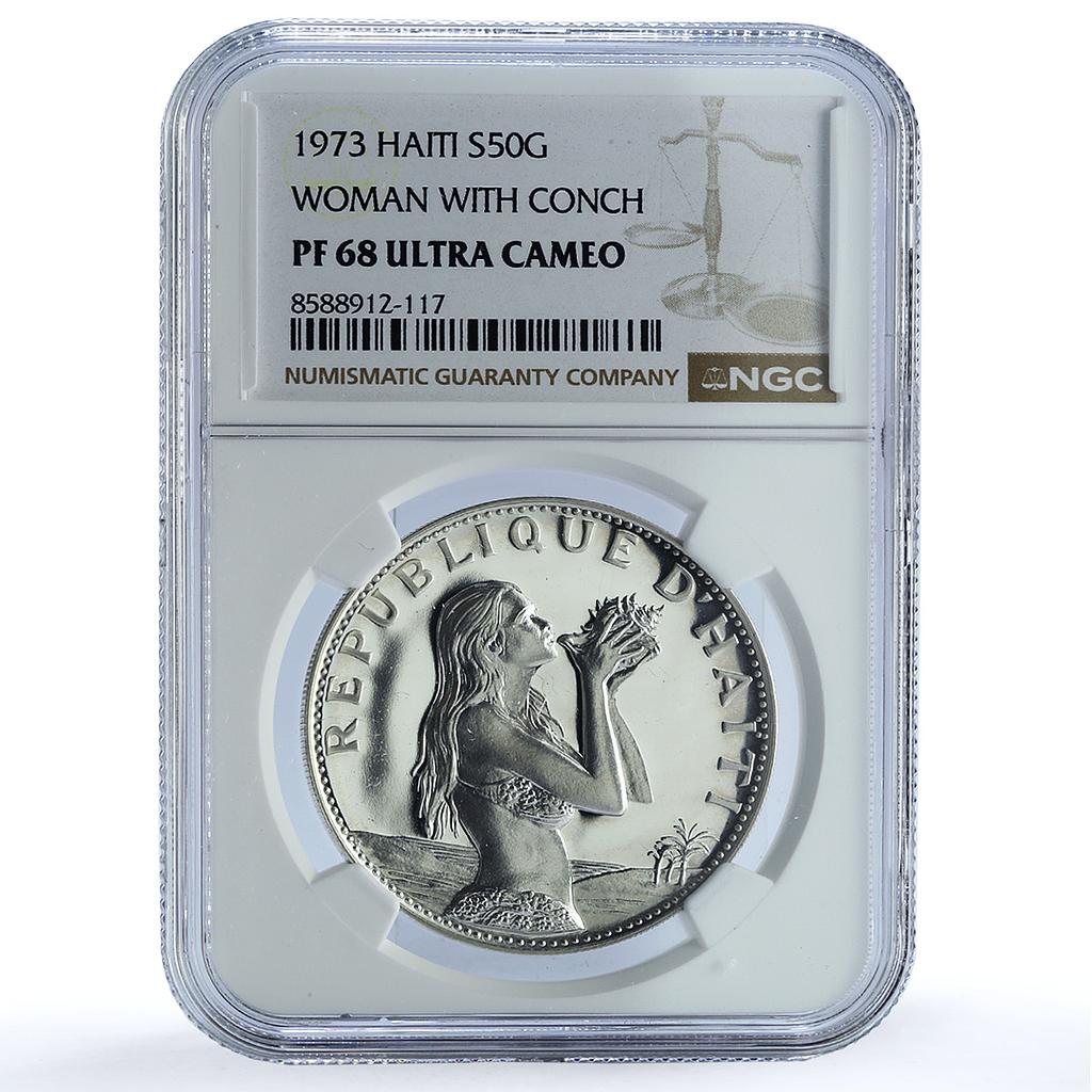 Haiti 50 gourdes Woman with Shell Mark Left KM-104.1 PF 68 NGC silver coin 1973