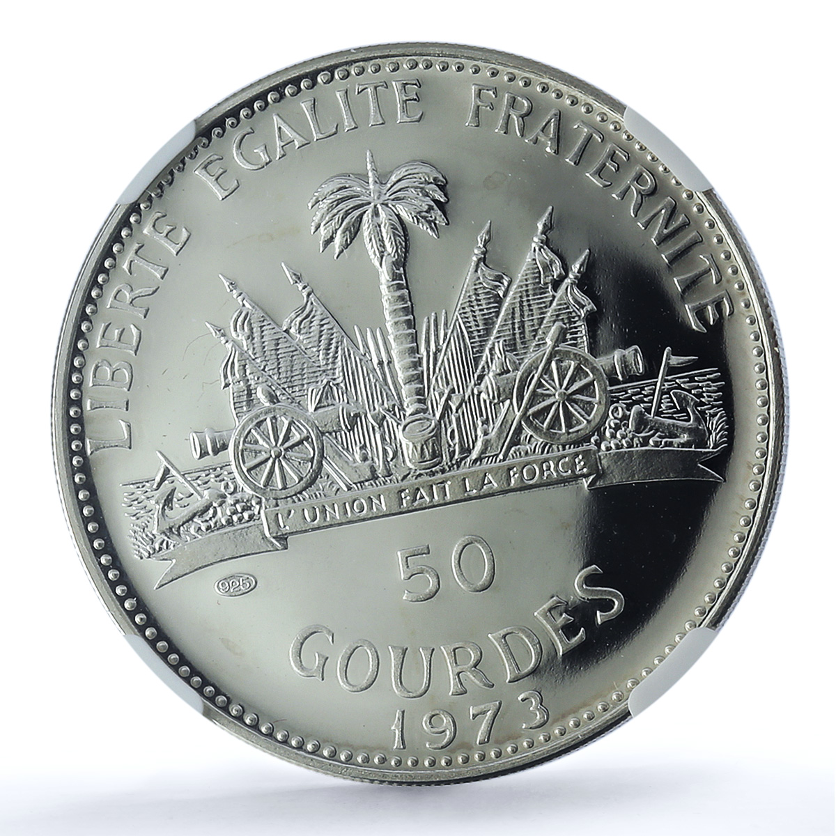 Haiti 50 gourdes Woman with Shell Mark Left KM-104.1 PF 68 NGC silver coin 1973