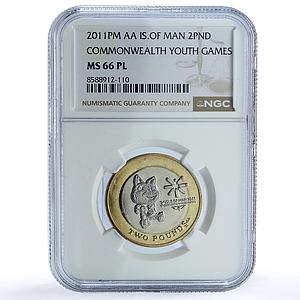 Isle of Man 2 pounds Youth Games KM-1476 Tosha Cat MS 66 NGC bimetal coin 2011