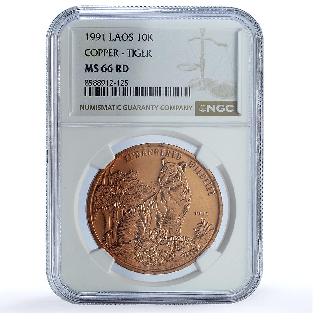 Laos 10 kip Tiger KM-54 Wildlife Fauna Cat MS 66 NGC copper coin 1991