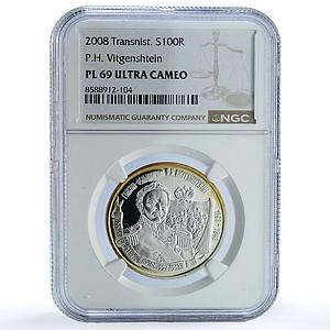 Transnistria 100 roubles Marshal Vitgenshtein KM-132 PL 69 NGC silver coin 2008
