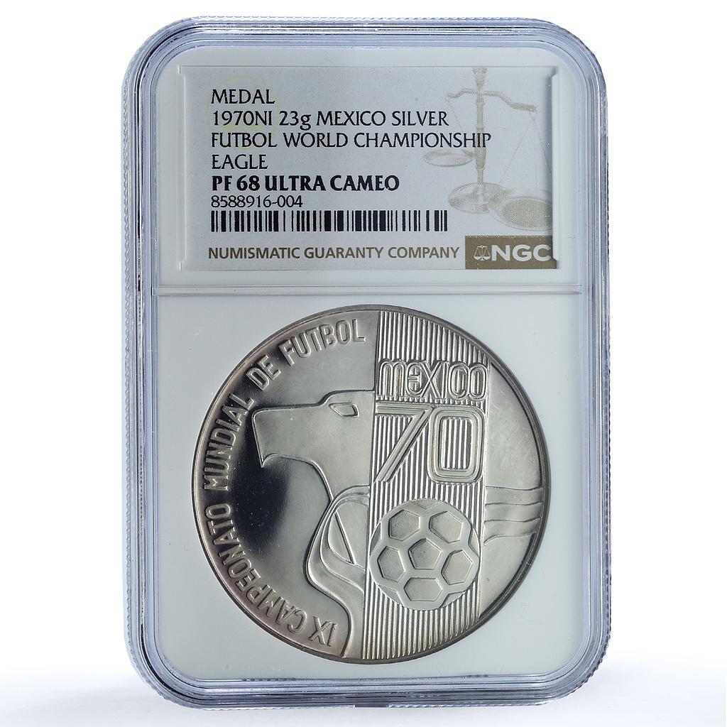 Mexico Football World Cup Eagle Obv. Jules Rimet 23g PF 68 NGC silver medal 1970