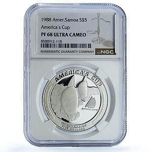 Samoa American 5 dollars America Cup RE KM-2 Ship PF 68 NGC silver coin 1988