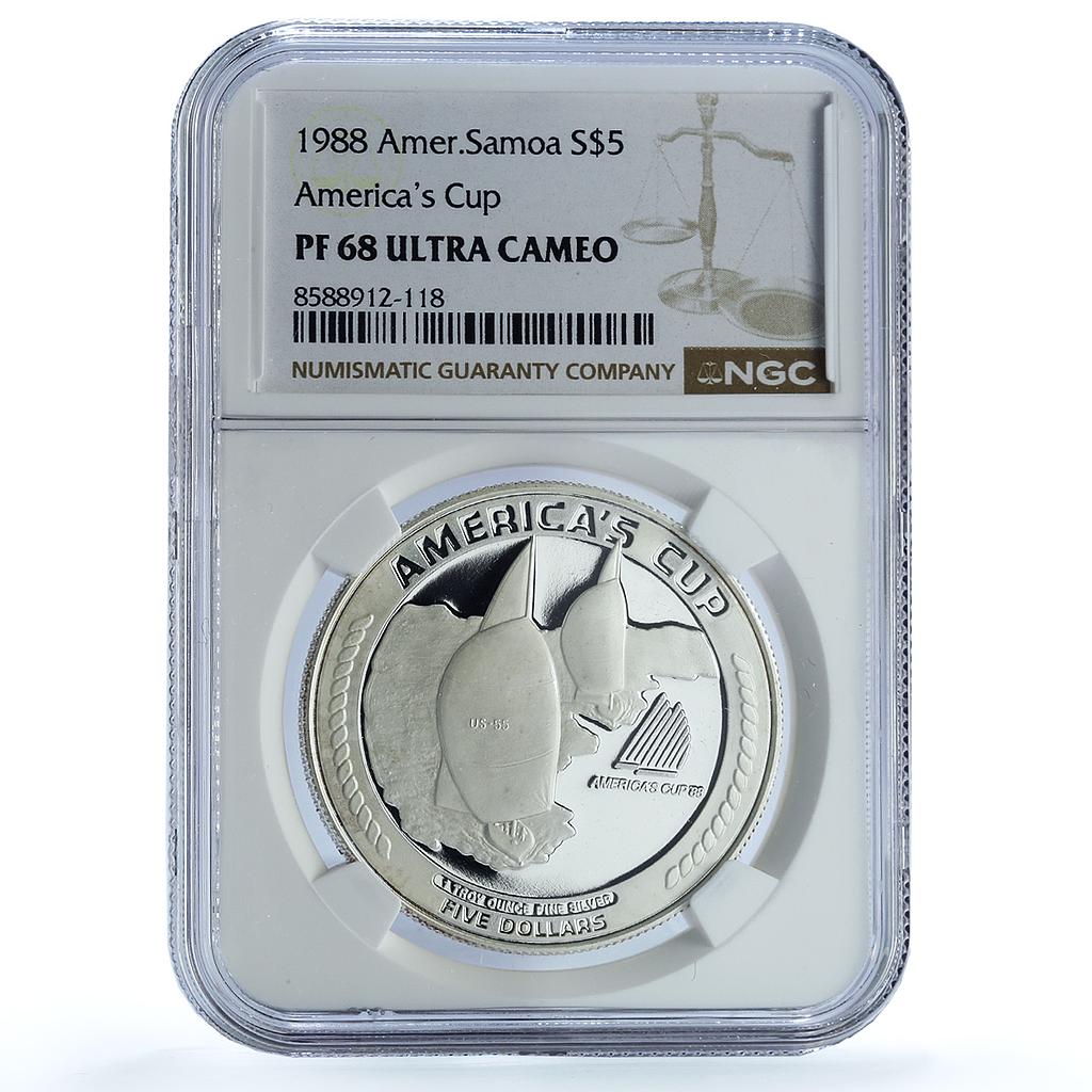 Samoa American 5 dollars America Cup RE KM-2 Ship PF 68 NGC silver coin 1988 Samoa American 5 dollars America Cup RE KM-2 Ship PF 68 NGC silver coin 1988