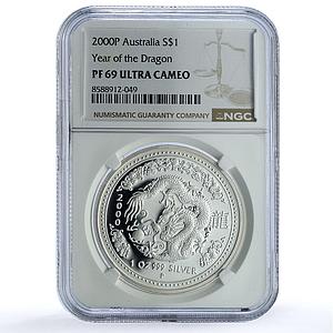 Australia 1 dollar Year Dragon KM-424 Lunar Series 1 PF 69 NGC silver coin 2000