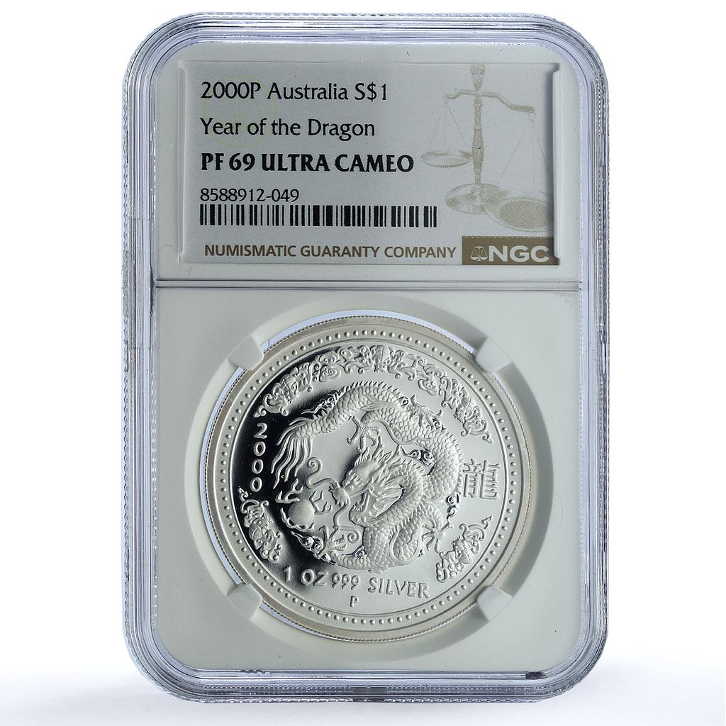 Australia 1 dollar Year Dragon KM-424 Lunar Series 1 PF 69 NGC silver coin 2000