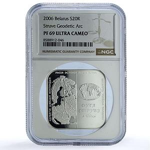 Belarus 20 roubles Struve Geodetic Arc KM-155 Map PF 69 NGC silver coin 2006