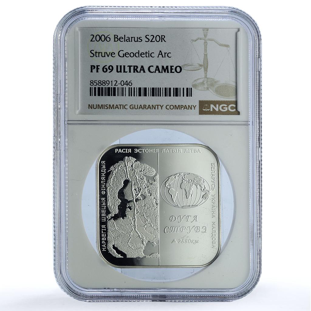 Belarus 20 roubles Struve Geodetic Arc KM-155 Map PF 69 NGC silver coin 2006 Belarus 20 roubles Struve Geodetic Arc KM-155 Map PF 69 NGC silver coin 2006