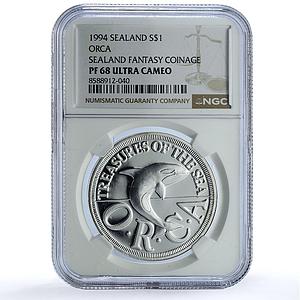 Sealand 1 dollar Orca Whale Sea Treasures Fantasy X#9 PF 68 NGC silver coin 1994