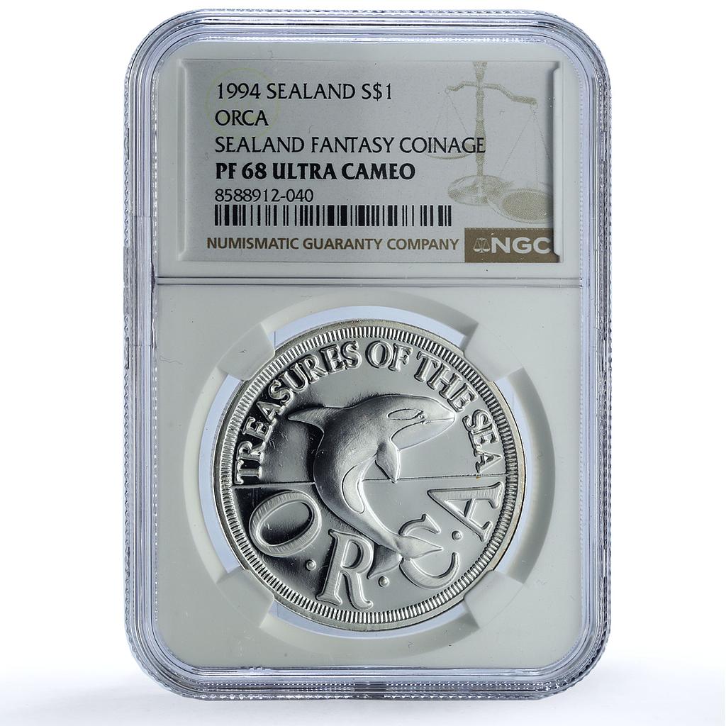 Sealand 1 dollar Orca Whale Sea Treasures Fantasy X#9 PF 68 NGC silver coin 1994 Sealand 1 dollar Orca Whale Sea Treasures Fantasy X#9 PF 68 NGC silver coin 1994