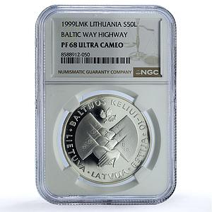 Lithuania 50 litu Baltic Way KM-123 Latvia Estonia PF 68 NGC silver coin 1999