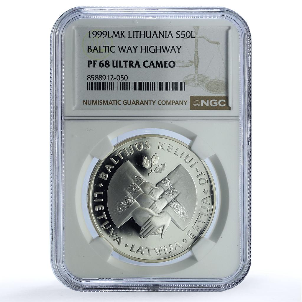 Lithuania 50 litu Baltic Way KM-123 Latvia Estonia PF 68 NGC silver coin 1999 Lithuania 50 litu Baltic Way KM-123 Latvia Estonia PF 68 NGC silver coin 1999