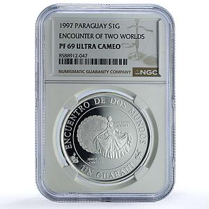 Paraguay 1 guarani Baile Cantaro Ibero-American Dances PF69 NGC silver coin 1997