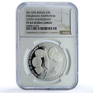 Russia 3 roubles Insurance Institution Schon-1256 PF 69 NGC silver coin 2011