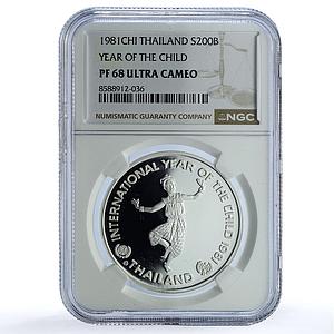 Thailand 200 baht Year Child Y#152 UNICEF Dance PF 68 NGC silver coin 1981