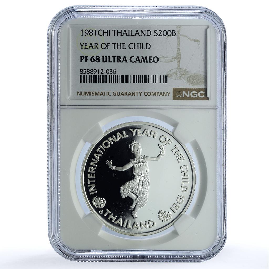 Thailand 200 baht Year Child Y#152 UNICEF Dance PF 68 NGC silver coin 1981