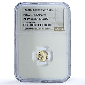British Virgin 25 dollars Peregrine Falcon KM-40 Bird PF 69 NGC gold coin 1984