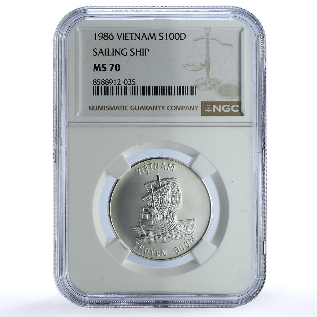 Vietnam 100 dong Junk KM-18 Ship Clipper MS 70 NGC silver coin 1986