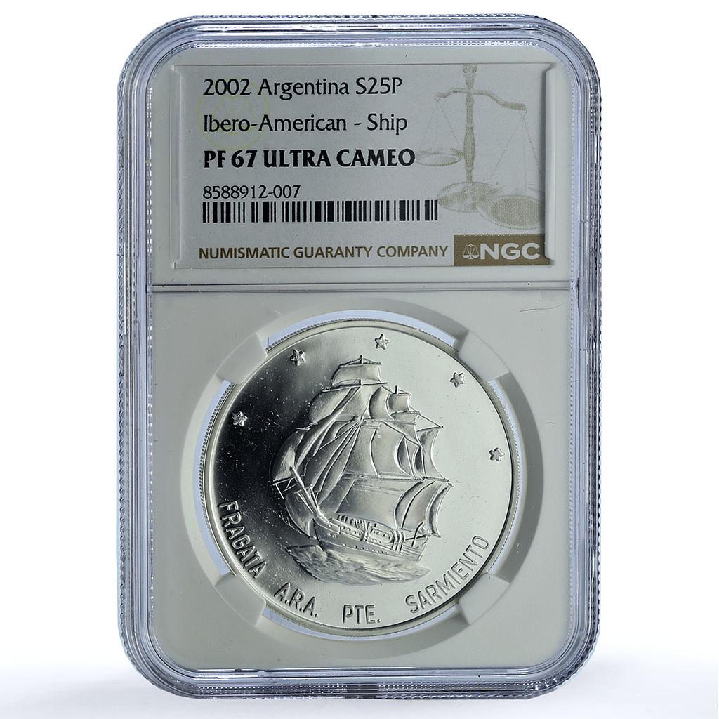 Argentina 25 pesos Sarmiento KM-138 Ibero-American Ship PF 67 NGC Ag coin 2002 Argentina 25 pesos Sarmiento KM-138 Ibero-American Ship PF 67 NGC Ag coin 2002