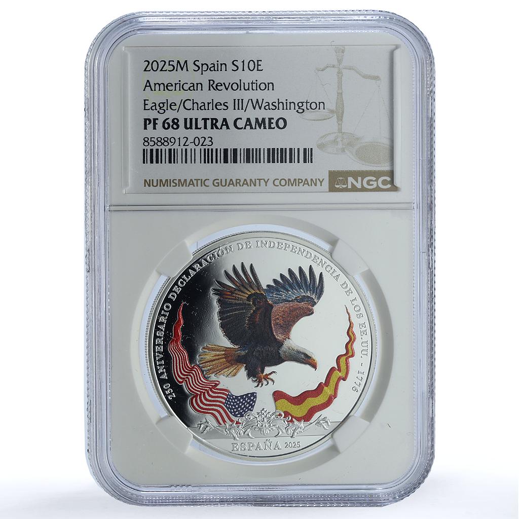 Spain 10 euros US Independence Carlos III Washington Eagle PF 68 NGC coin 2025 Spain 10 euros US Independence Carlos III Washington Eagle PF 68 NGC coin 2025
