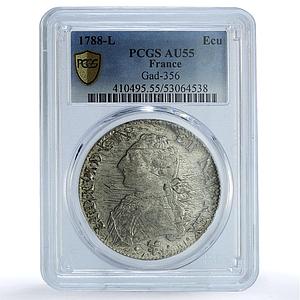 France 1 ecu Louis XVI KM-564.9 Gad-356 AU 55 PCGS silver coin 1788 L