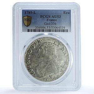 France 1 ecu Louis XVI KM-564.9 Gad-356 AU 53 PCGS silver coin 1789 L