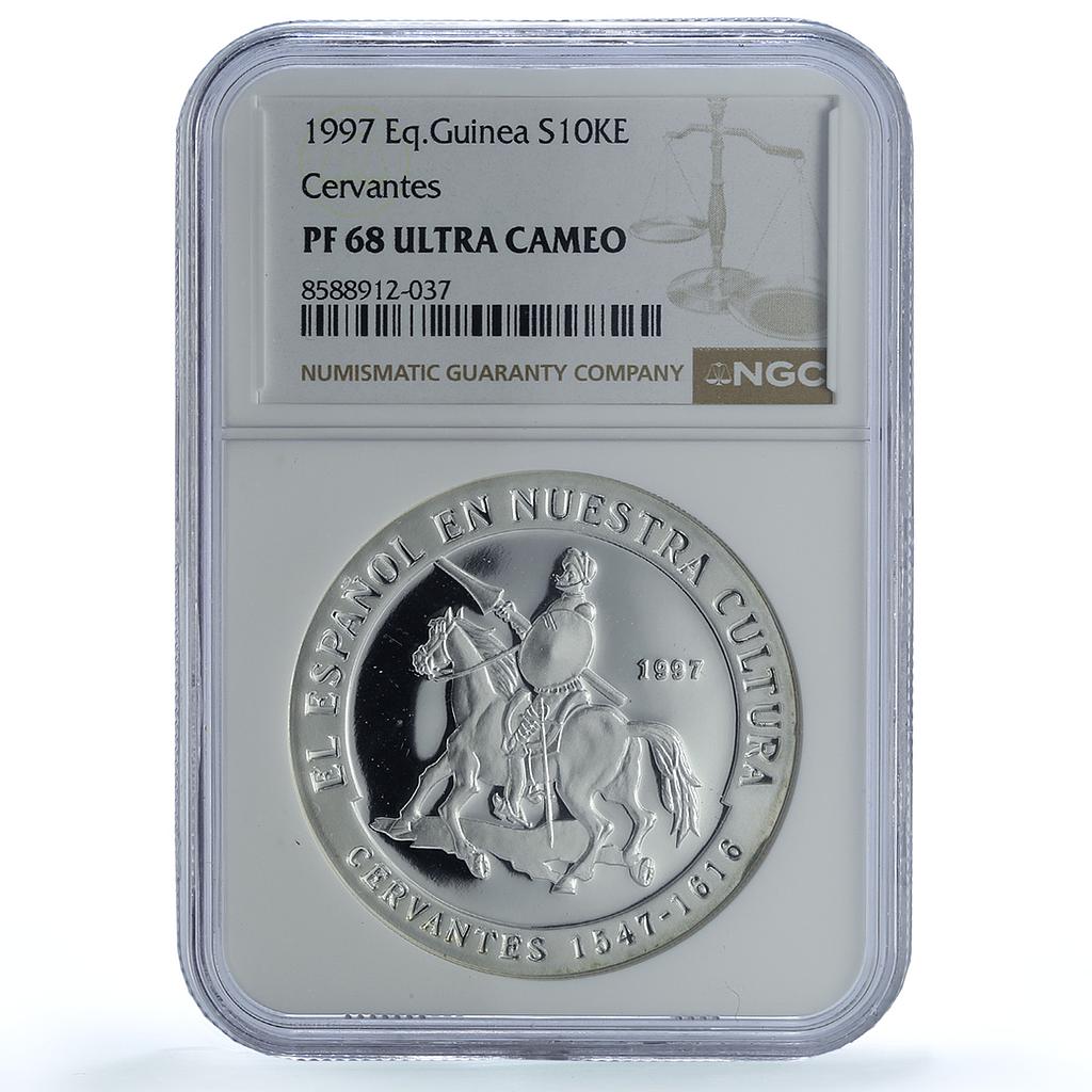 Guinea Equatorial 10000 ekuele Cervantes Don Quijote PF 68 NGC silver coin 1997 Guinea Equatorial 10000 ekuele Cervantes Don Quijote PF 68 NGC silver coin 1997
