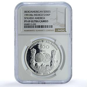 Mexico 100 pesos Columnaria KM-540 Ibero-American Ship PF69 NGC silver coin 1991