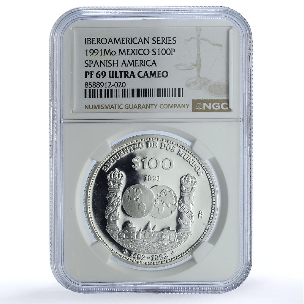 Mexico 100 pesos Columnaria KM-540 Ibero-American Ship PF69 NGC silver coin 1991