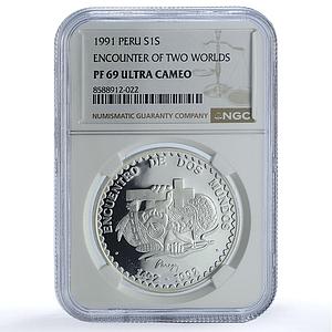 Peru 1 sol Ibero-American KM-302 Encounter Two Worlds PF 69 NGC silver coin 1991