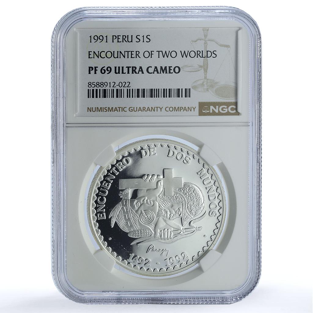 Peru 1 sol Ibero-American KM-302 Encounter Two Worlds PF 69 NGC silver coin 1991