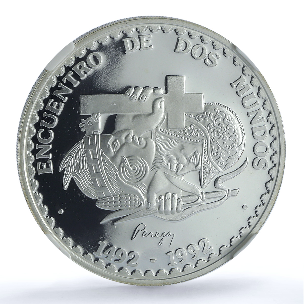 Peru 1 sol Ibero-American KM-302 Encounter Two Worlds PF 69 NGC silver coin 1991