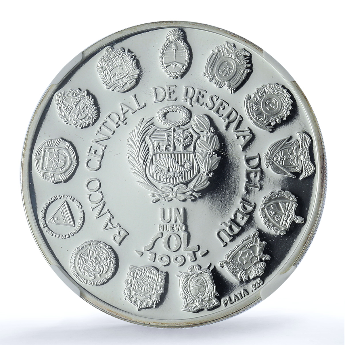 Peru 1 sol Ibero-American KM-302 Encounter Two Worlds PF 69 NGC silver coin 1991