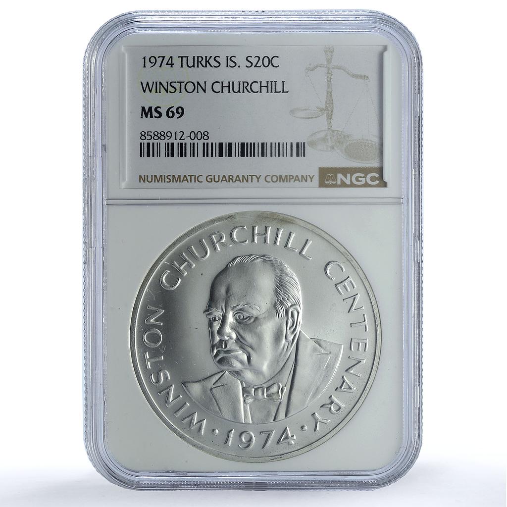 Turks Caicos Islands 20 crowns Churchill KM-2 MS 69 NGC silver coin 1974 Turks Caicos Islands 20 crowns Churchill KM-2 MS 69 NGC silver coin 1974