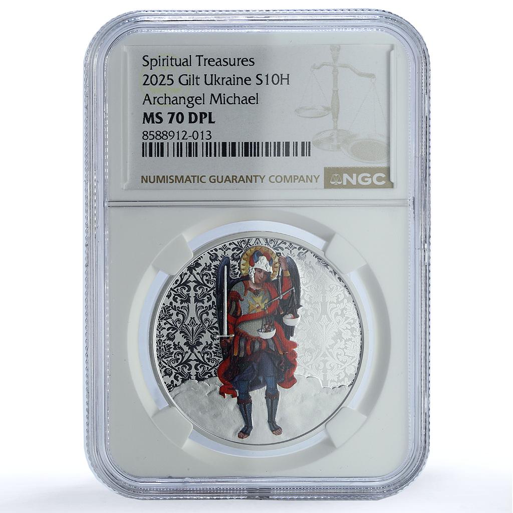 Ukraine 10 hryvnias Archangel Michael Coloured MS 70 NGC silver coin 2025