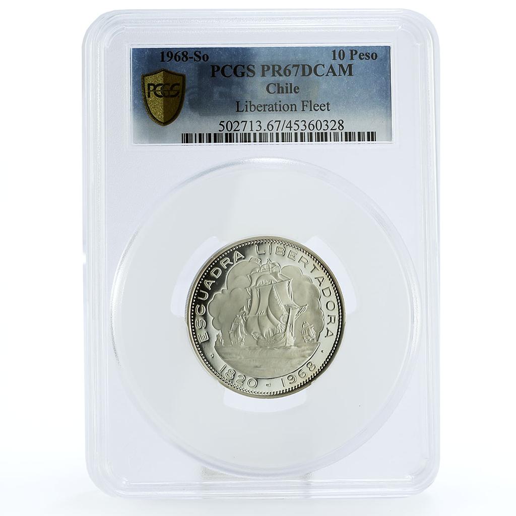 Chile 10 pesos Liberation Fleet Ship Clipper PR67 PCGS silver coin 1968