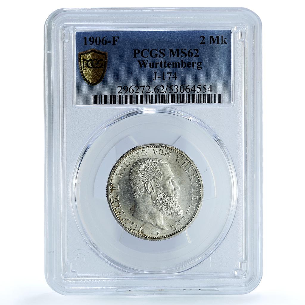 Germany Wurttemberg 2 mark Wilhelm II KM-631 J-174 MS 62 PCGS silver coin 1906 F Germany Wurttemberg 2 mark Wilhelm II KM-631 J-174 MS 62 PCGS silver coin 1906 F