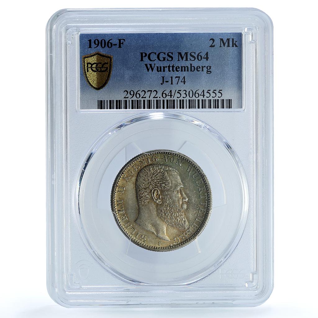 Germany Wurttemberg 2 mark Wilhelm II KM-631 J-174 MS 64 PCGS silver coin 1906 F Germany Wurttemberg 2 mark Wilhelm II KM-631 J-174 MS 64 PCGS silver coin 1906 F