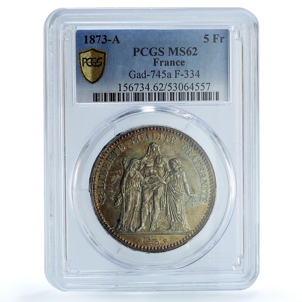France 5 francs Hercules KM-820 Gad-745a F-334 MS 62 PCGS silver coin 1873 A France 5 francs Hercules KM-820 Gad-745a F-334 MS 62 PCGS silver coin 1873 A