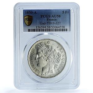 France 5 francs Second Republic KM-761 Gad-719 Ceres AU 58 PCGS silver 1850 A