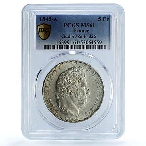 France 5 francs Louis Philippe I KM-749 F-325 MS 61 PCGS silver coin 1845 A