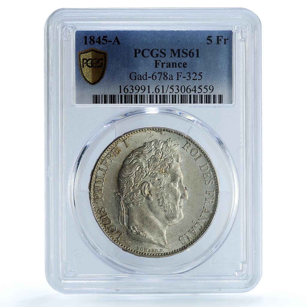 France 5 francs Louis Philippe I KM-749 F-325 MS 61 PCGS silver coin 1845 A France 5 francs Louis Philippe I KM-749 F-325 MS 61 PCGS silver coin 1845 A