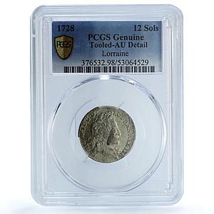 France Lorraine 12 sols Leopold I Bd-1584 Tooled AU PCGS billon coin 1728