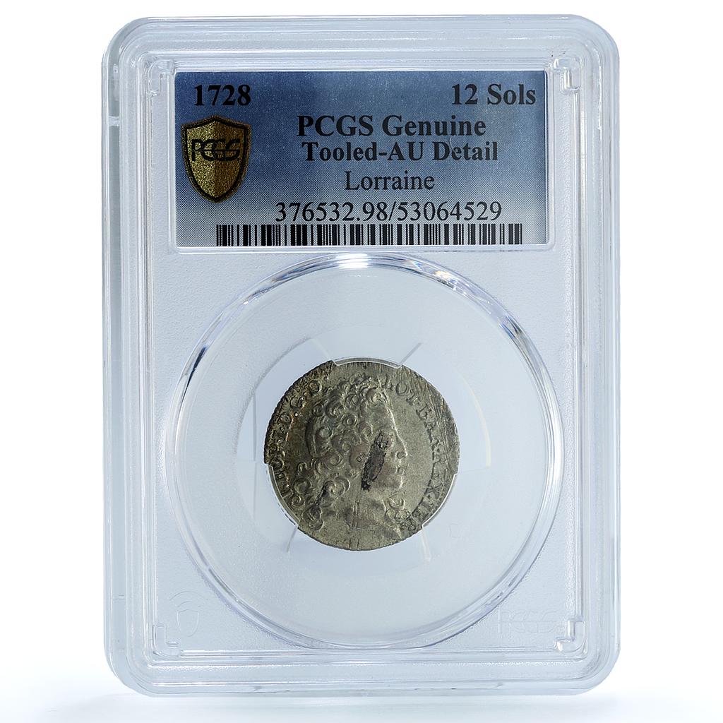 France Lorraine 12 sols Leopold I Bd-1584 Tooled AU PCGS billon coin 1728 France Lorraine 12 sols Leopold I Bd-1584 Tooled AU PCGS billon coin 1728