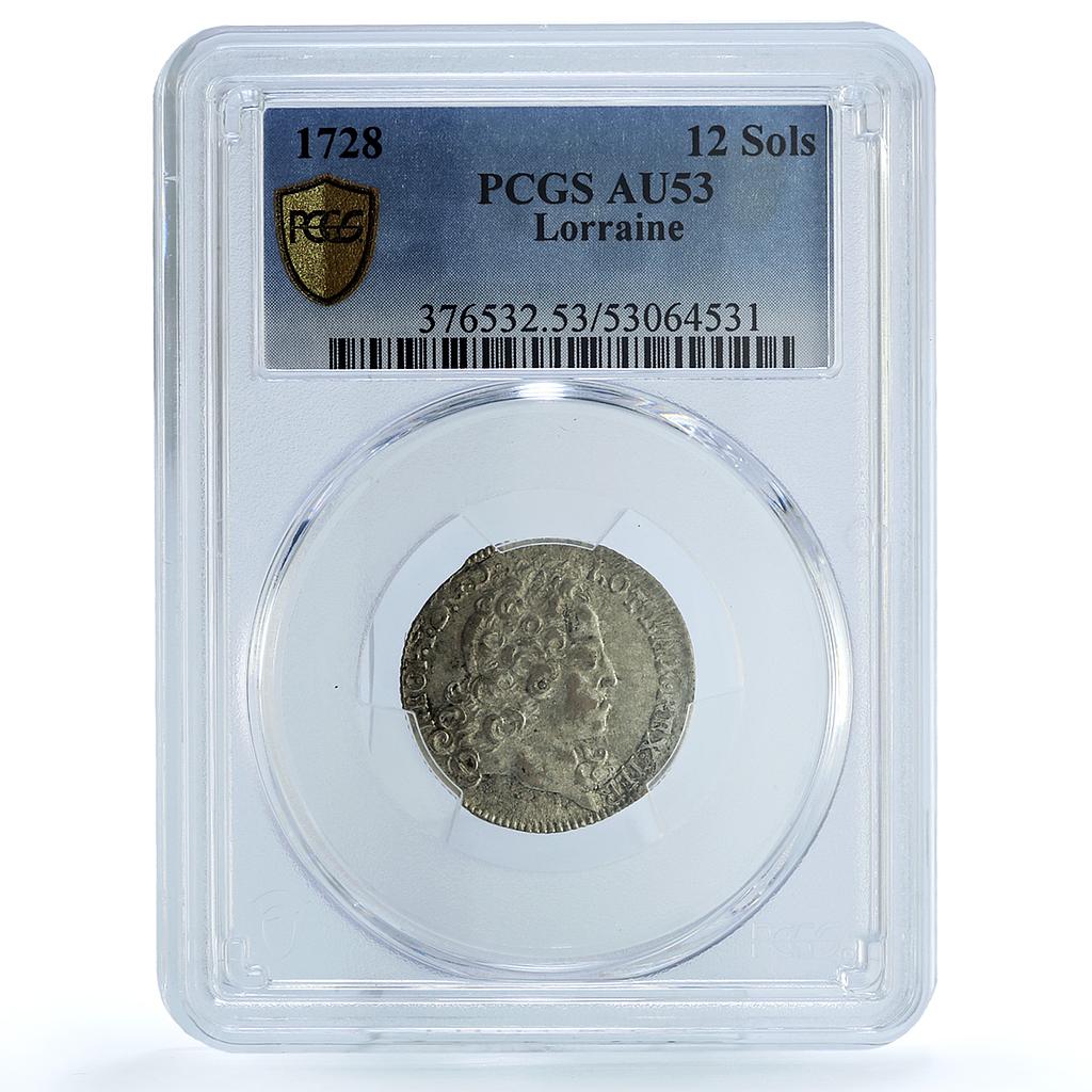France Lorraine 12 sols Leopold I Bd-1584 AU 53 PCGS billon coin 1728 France Lorraine 12 sols Leopold I Bd-1584 AU 53 PCGS billon coin 1728